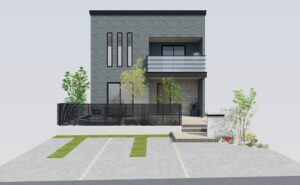 石川県金沢市 モダン外構デザイン全景3Dパース画像（黒の横格子フェンス・コンクリート塀門柱・人工芝カースペース)
